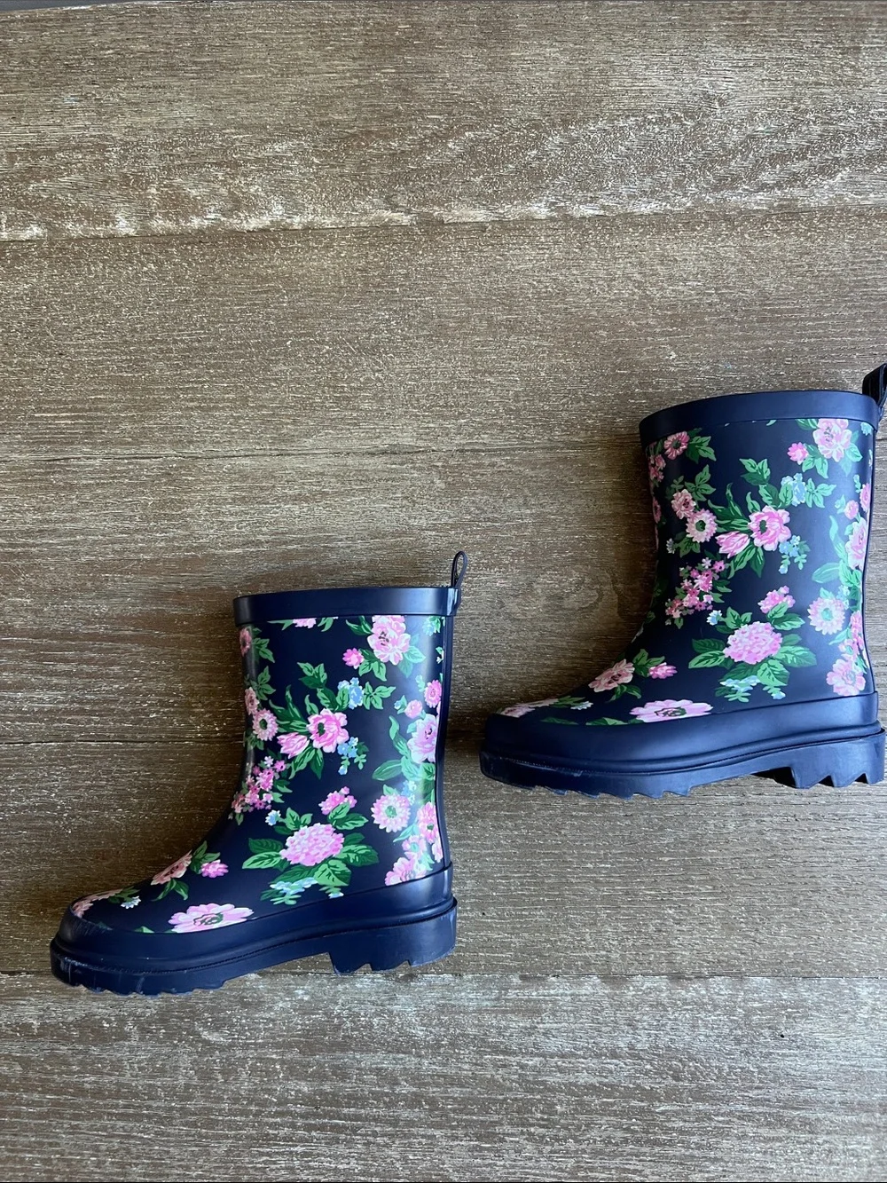 EUC Janie and Jack Floral Navy Rain Boots